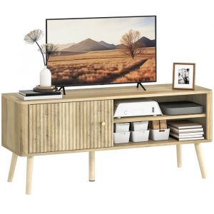 Homcom Meuble TV - placard à porte, compartiments ouverts et étagère réglable - pieds en pin - MDF - 115x35x49cm - chêne