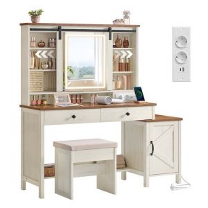 Coiffeuse avec miroir et éclairage style ferme 40 x 125 x 147 cm avec tabouret multiprise 2 tiroirs rangement pour bijoux beige