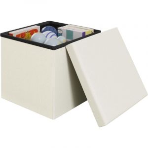 Pouf Rangement en Lin, Pouf Coffre 38x38x38cm, Tabouret Rangement, Design Pliable, Pouf de Rangement avec Couvercle, Crème - Klihome