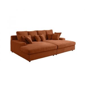 Loungitude Canapé droit 4 places FLUFFLY avec double méridienne et assise profonde en velours côtelé Terracotta