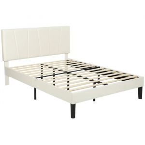 Homcom Cadre de lit double - lit 2 personnes 140 x 190 cm - t&ecirc;te de lit r&eacute;glable - avec sommier - cadre m&eacute;tallique - cr&egrave;me