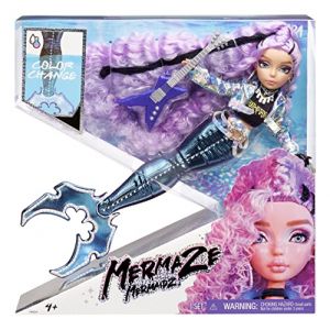 Image de Mga entertainment Mermaze Mermaidz - RIVIERA - Poupée mannequin sirène de collection avec 1 queue qui change de couleur, des cheveux violets bouclés, tenues & accessoires & est articulée pour poser – 4 ans +