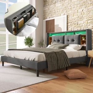 Image de Lit adulte 140x200 cm - Tête de lit avec rangement, LED et ports USB - sommier à lattes en bois massif - Gris