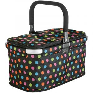 Genius Panier à provisions Falko de qualité supérieure - Noir à pois multicolores - 22 l - Pliable - Avec couvercle - Avec poignée en aluminium - Pour les déplacements