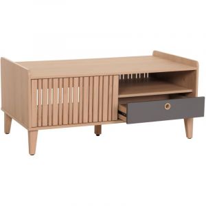 D&eacute;coshop26 Table basse avec 2 compartiments de rangement et 1 tiroir en bois de manguier 52 x 114 x 59 cm beige tiroir gris 040008455