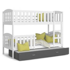 LIT SUPERPOSE 3 PLACES TÉO 90x190 BLANC GRIS Livré avec 3 sommiers et 3 matelas en mousse de 7cm OFFERTS