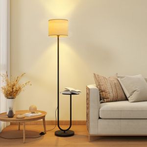 Puluomis Lampadaire avec une seule étagère, hauteur 157 cm, douille E27, interrupteur au pied, abat-jour en lin, finition noyer