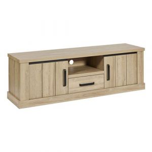 LORENZO - Meuble TV 2 Portes 1 Tiroirs Aspect Bois Ch&ecirc;ne Clair Finition French Oak - Altobuy