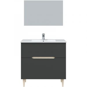Pegane Meuble sous vasque en panneaux de particules mélaminés coloris noir avec miroir - Longueur 80 x Profondeur 45 x Hauteur 80 cm -