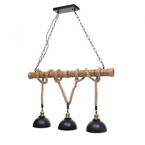 Décoshop26 Suspension Lampe lustres style industrielle vintage bambou corde métal noir 3x abat-jour dôme