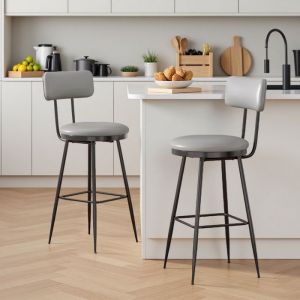 Tabouret de Bar, Lot de 2 Tabouret de Bar en PU avec Dossier Ergonomique et Repose-pieds en M&eacute;tal, Style Industriel, Chaise Bar Gris