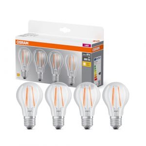 Osram LED BASE A60, Unités avantage de 4 lampes, remplace les ampoules 60W classiques, 6.5W, blanc chaud (2700K), verre filament, non dimmable, forme de poire, E27