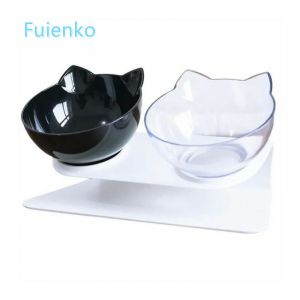 Image de Fuienko - Double gamelle chat chien plastique Gamelle 13.5cmx21.5cm Noir+Blanc