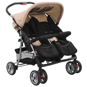 Image de VidaXL Poussette à Deux Places Bébé Enfant Voiture Poussette Siège Poussette contre UV de 6 à 36 Mois Maximal de 15 kg Chacun Taupe et Noir Acier