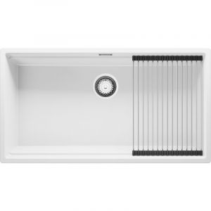 Evier Cuisine en Granit 86x47 cm Lavabo 1 bac + Siphon Classique + égouttoir enroulable, Évier à Encastrer de Primagran Blanc - white
