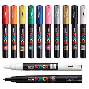 Posca Uni PC-1M Ensemble de 12 marqueurs professionnels pour peinture avec marqueurs noir + blanc supplémentaires