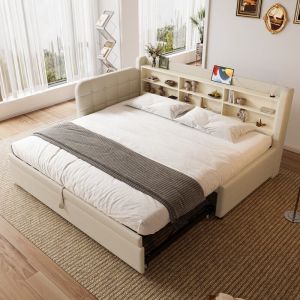 Canap&eacute;-lit 90x200 cm - avec lit gigogne - port USB + Type C - avec &eacute;tag&egrave;re de rangement - lin - beige (matelas non inclus)