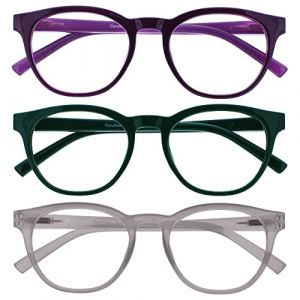 OPULIZE Blu - Lunettes de Lecture Anti-Lumière Bleue Pack de 3 Montures Rondes et Cool Charnières à Ressort Améliore le Sommeil Jeux Ordinateur Violet Vert Transparente Hommes Femmes BBB5-56C +3.00