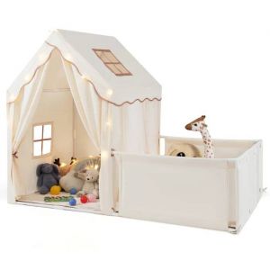 Costway 2 En 1 Tente De Jeux Enfant Avec Parc, Rideaux De Porte, Fenêtres, Lumières Étoilées Et Tapis En Coton Lavable 3+Ans Beige