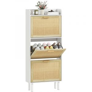 Homcom Meuble &agrave; chaussures - 3 portes abattants effet r&eacute;sine tress&eacute;e, &eacute;tag&egrave;res - 18 paires - 65 x 24,5 x 153 cm - blanc