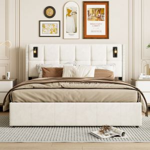 Lit Coffre 160x200 cm - Velours Beige - T&ecirc;te de Lit avec USB - Lampes de Lecture - Rangement Pratique