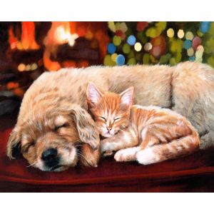 Peinture au num&eacute;ro : Sieste entre amis - sans ch&acirc;ssis en bois