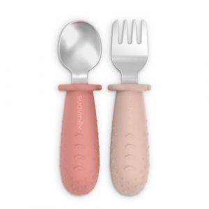 Image de Suavinex Couverts d'Apprentissage B&eacute;b&eacute;, Pack Cuill&egrave;re et Fourchette en Acier Inox, Manche en Silicone Antid&eacute;rapant, Ergonomiques, S&ucirc;rs, BLW, B&eacute;b&eacute;s +6 Mois, Passe Lave-Vaisselle, Rose