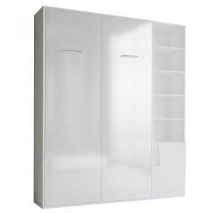 Image de Inside75 Composition armoire lit SMART-V2 façade blanc brillant 140*200 cm bibliothèque blanc mat - blanc