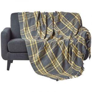 Jeté De Canapé Tartan À Carreaux Gris Et Jaune, 225 X 250 Cm