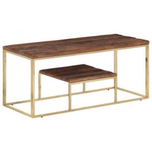 VidaXL Table basse doré acier inoxydable et bois de mélèze massif, table d'appoint, bout de canapé, table d'accent, table de salon, table centrale