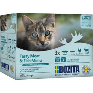 Bozita Nourriture humide chat Bouch&eacute;es en sauce au poisson et &agrave; la viande Multibox 12 x 85 g