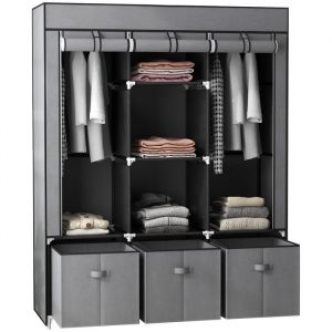 Image de Armoire de Rangement Penderie en Tissu Gris Pliable + 5 Etagères + 3 Tiroirs et 2 Barres de Suspension Chambre Dressing