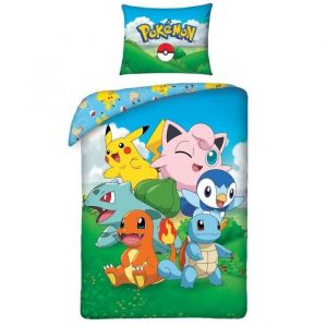 Image de Housse de Couette 100% Coton Personnages Pokémon - 140cm x 200cm - Taille Européenne - Bleu / Vert / Jaune