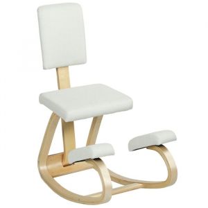 Homcom Siège ergonomique - siège assis-genoux - chaise assis genoux avec dossier - bois bouleau tissu blanc cassé