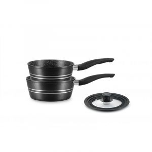 Royalty Line Set de 2 casseroles &Oslash; 18/20 cm avec couvercle silicone universel - Rev&ecirc;tement effet marbre - Noir