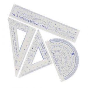 Legami Set de géométrie, Set avec règle de 15 cm, équerre de 60° de 10 cm, goniomètre de 180° pour l'école, mallette incluse, matériau flexible, thème Genius