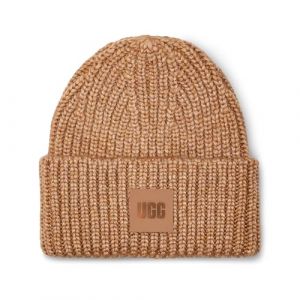 UGG W Chunky Rib Beanie Bonnet côtelé épais W Logo, Camel, O/S Femme