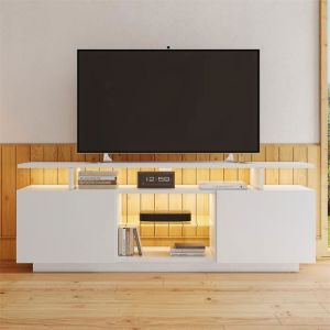 Meuble tv led blanc, 140x35x61 cm(LWH), pour tv 60 pouces, panneaux de porte brillants avec compartiments en verre