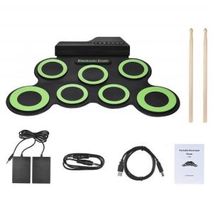 Set Batterie électronique Portable, Roll Up Tambour, Tambour Pliante Portative avec Pédales et Baguettes pour Enfants et Dévenir