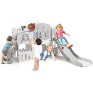 Lunsy - Toboggan pour Enfant 8 en 1 avec Échelle d'escalade, Panier de Basket, Télescope et Tunnel de Jeu pour Enfants Aire de Jeux - Gris