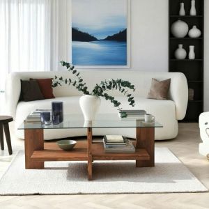 Pier Import - Table basse verre et bois brun - 2 plateaux lhasa