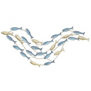 Homcom D&eacute;coration murale m&eacute;tal dor&eacute; et bleu - D&eacute;co murale poissons - 100 x 50 cm
