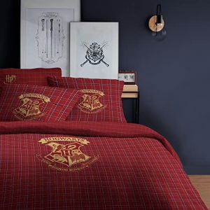 Cti Harry Potter Tartan Parure de Lit 220x240 cm Imprimée Réversible | 100% Flanelle de Coton | Oeko-TEX | Housse de Couette 2 Personnes 220x240 cm + 2 Taies d'oreiller 63x63 cm | Rouge