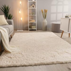 Image de Paco Home - Tapis De Salon Poils Longs Fausse Fourrure Shaggy Moelleux Monochrome 200 cm rond, Crème