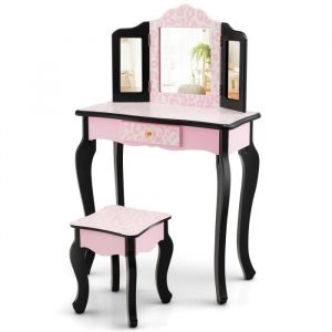 Ensemble de Coiffeuse et Tabouret pour Enfants avec Miroir Rabattable Courbes Arrondies Bureau de Maquillage 2 en 1
