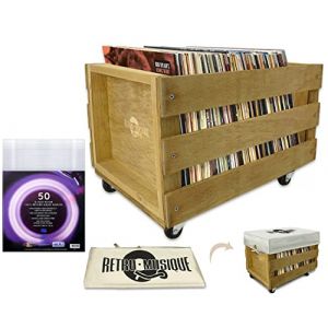 Retro Musique wooden 12 "LP vinyle bac de rangement pour jusqu'à 100 albums sur roues (manchon PVC) couverture en tissu Hesse comprend 50 vinyle disques manteaux (Finition Teck)