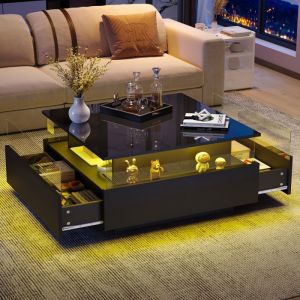 Oem Table Basse LED 70x70cm avec &Eacute;clairage RGB - 2 Tiroirs de Rangement et Vitrine Transparente - Surface Brillante Ultra-Lisse