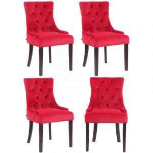 CLP Lot de 4 Chaises de salle à manger Aberdeen en Velours Piètement en bois d'hévéa, Rouge-Antique