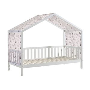 Lit maison à barrières 90x200cm pin blanc + voile