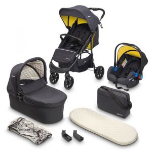 BabyGO Poussette 3 en 1 Styles – Siège sport et nacelle séparés et nacelle de voiture – Sac à langer/housse de pluie/matelas – Mustard